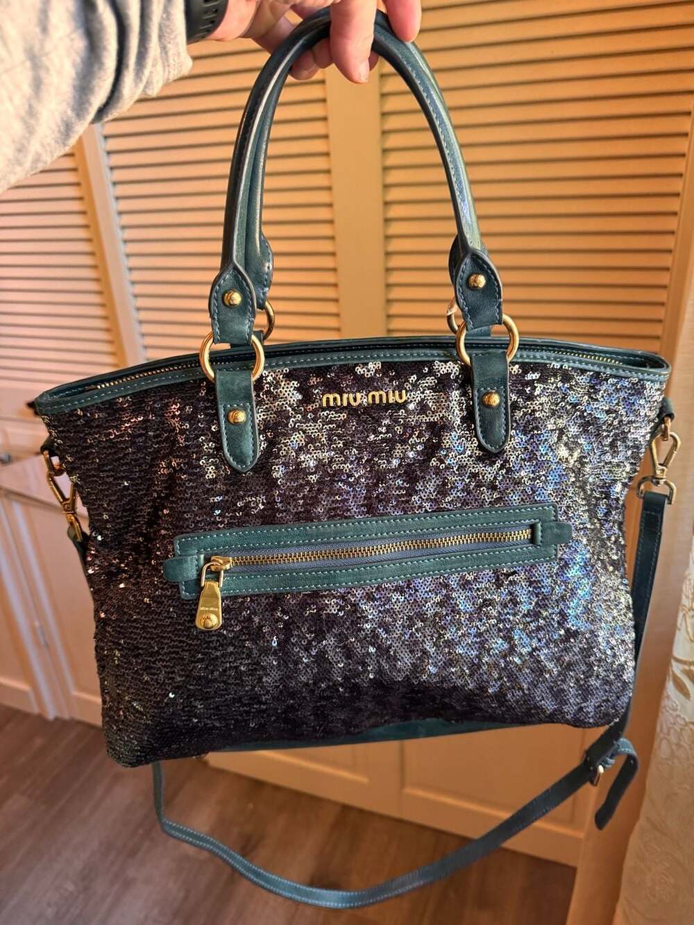 Miu Miu Sequin and Leather 2-Way Tote Bag Blue